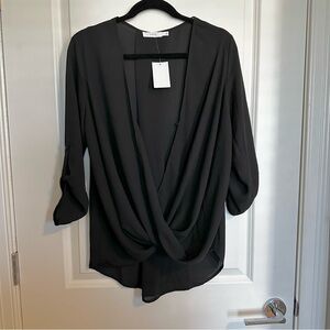 Lush Black Chiffon Draped Crossover V-Neck Blouse